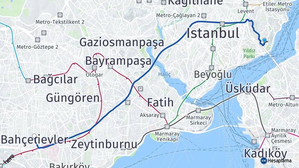 İstanbul Beşiktaş Ortaköy Bahçelievler Arası Kaç Km - Yol Haritası