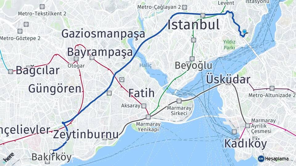 İstanbul Beşiktaş Ortaköy Bakırköy Arası Kaç Km - Yol Haritası
