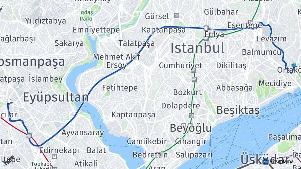 İstanbul Beşiktaş Ortaköy Bayrampaşa Arası Kaç Km - Yol Haritası
