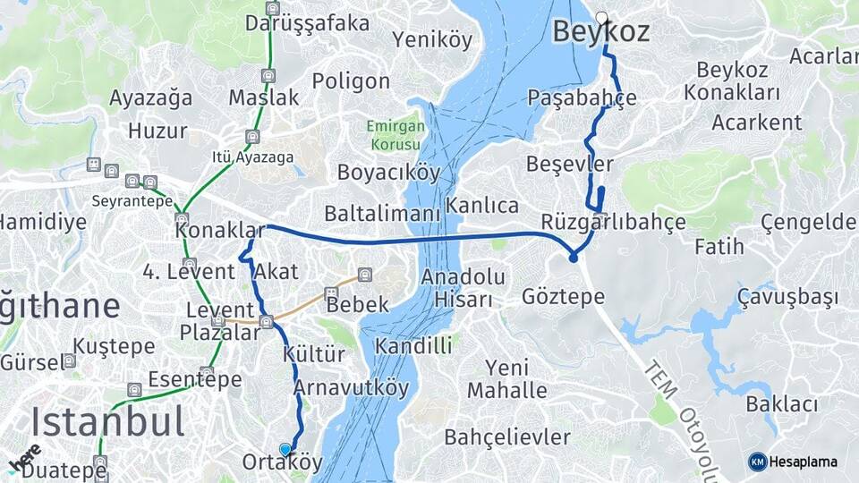İstanbul Beşiktaş Ortaköy Beykoz Arası Kaç Km - Yol Haritası
