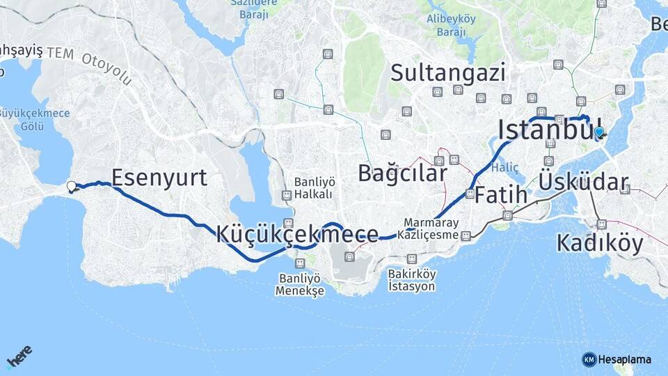 İstanbul Beşiktaş Ortaköy Büyükçekmece Arası Kaç Km - Yol Haritası