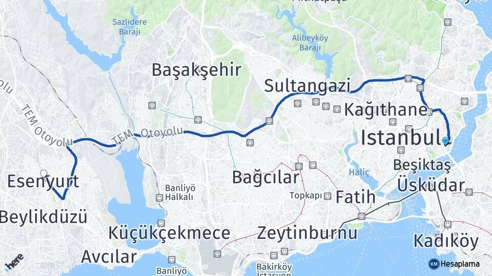 İstanbul Beşiktaş Ortaköy Esenyurt Arası Kaç Km - Yol Haritası