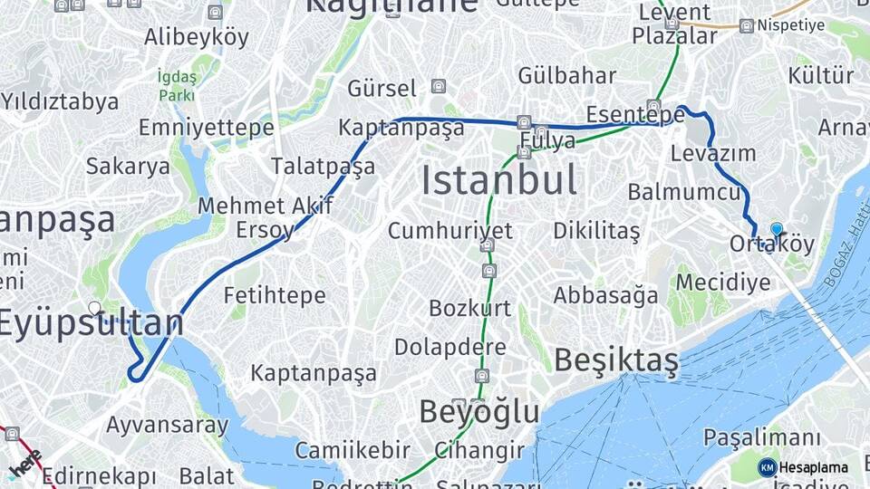 İstanbul Beşiktaş Ortaköy Eyüpsultan Arası Kaç Km - Yol Haritası