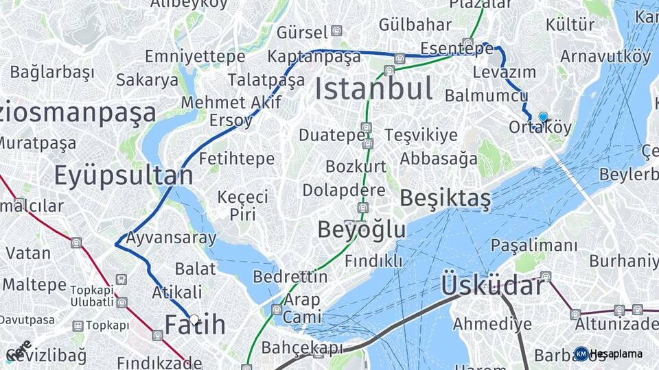 İstanbul Beşiktaş Ortaköy Fatih Arası Kaç Km - Yol Haritası