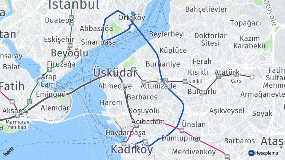 İstanbul Beşiktaş Ortaköy Kadıköy Arası Kaç Km - Yol Haritası