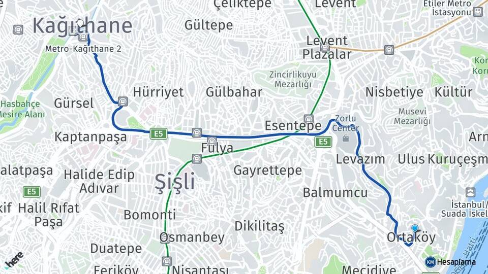 İstanbul Beşiktaş Ortaköy Kağıthane Arası Kaç Km - Yol Haritası