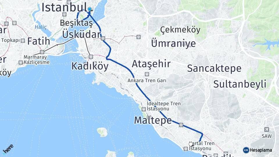 İstanbul Beşiktaş Ortaköy Kartal Arası Kaç Km - Yol Haritası