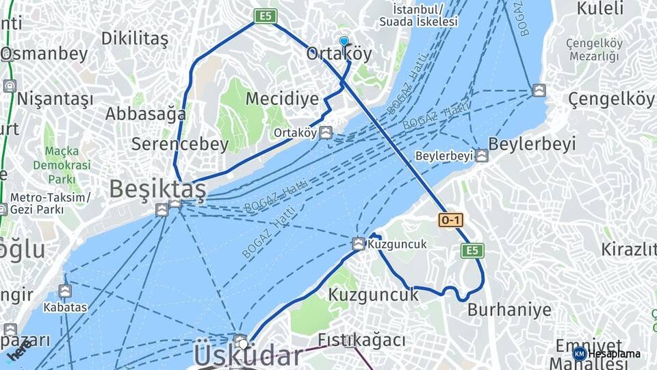 İstanbul Beşiktaş Ortaköy Üsküdar Arası Kaç Km - Yol Haritası