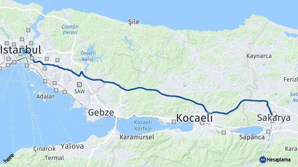 İstanbul Beşiktaş Sakarya Arası Kaç Km - Yol Haritası