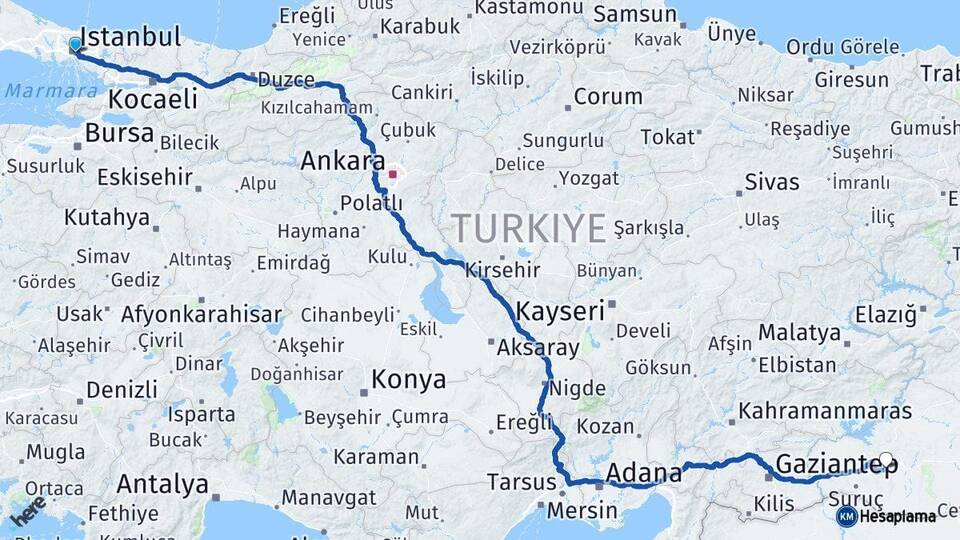İstanbul Beşiktaş Şanlıurfa Arası Kaç Km - Yol Haritası