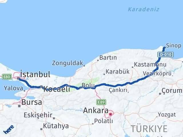 İstanbul Beşiktaş Sinop Arası Kaç Km - Yol Haritası