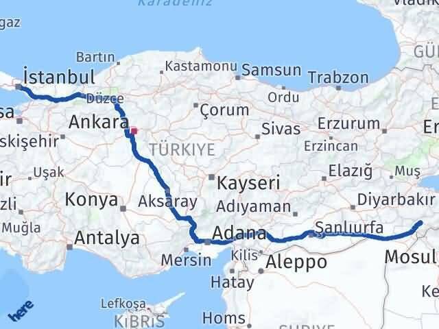İstanbul Beşiktaş Şırnak Arası Kaç Km - Yol Haritası