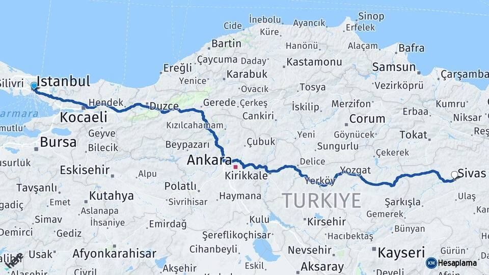 İstanbul Beşiktaş Sivas Arası Kaç Km - Yol Haritası
