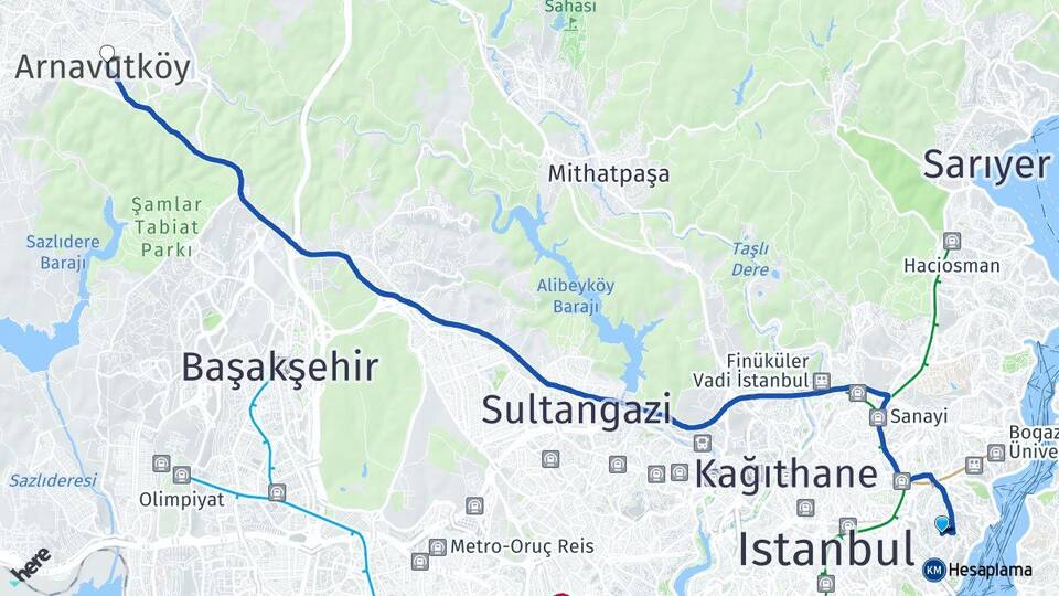 İstanbul Beşiktaş Ulus Arnavutköy Arası Kaç Km - Yol Haritası