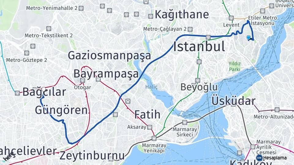İstanbul Beşiktaş Ulus Bağcılar Arası Kaç Km - Yol Haritası