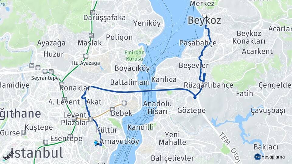 İstanbul Beşiktaş Ulus Beykoz Arası Kaç Km - Yol Haritası