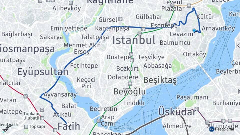 İstanbul Beşiktaş Ulus Fatih Arası Kaç Km - Yol Haritası