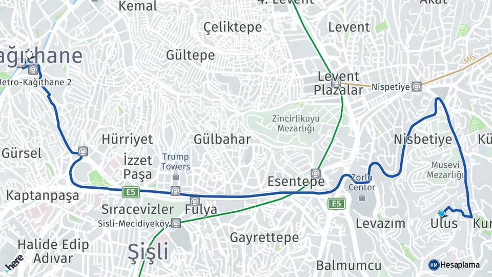 İstanbul Beşiktaş Ulus Kağıthane Arası Kaç Km - Yol Haritası