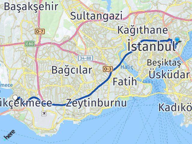 İstanbul Beşiktaş Ulus Küçükçekmece Arası Kaç Km - Yol Haritası