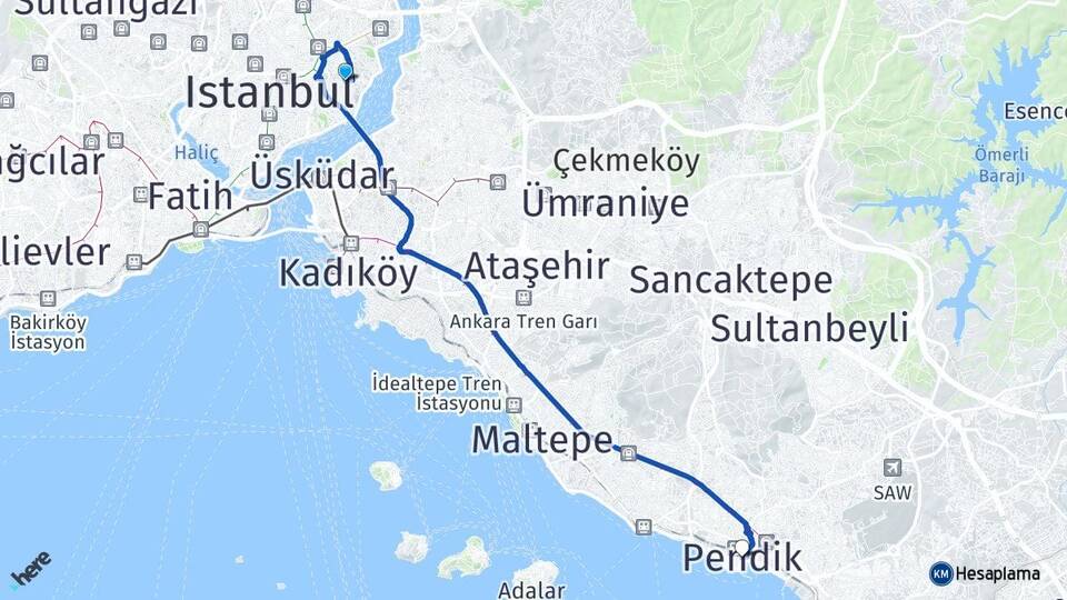 İstanbul Beşiktaş Ulus Pendik Arası Kaç Km - Yol Haritası