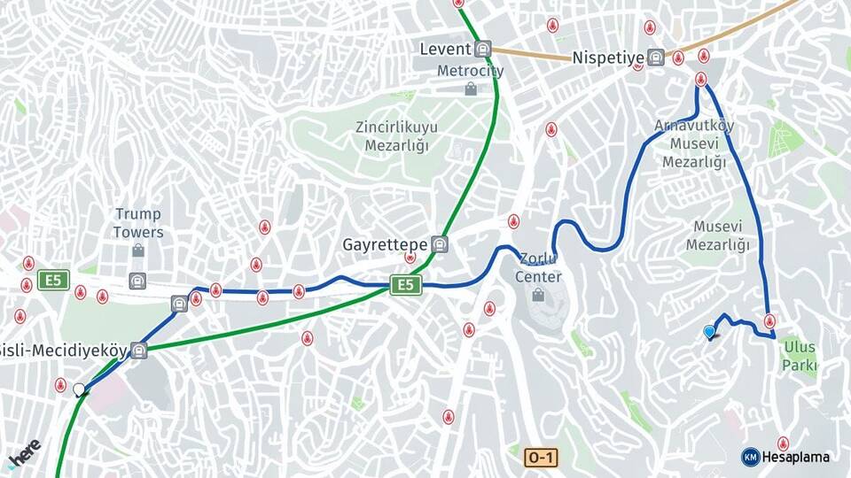 İstanbul Beşiktaş Ulus Şişli Arası Kaç Km - Yol Haritası