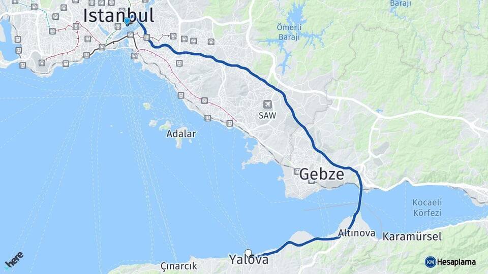 İstanbul Beşiktaş Yalova Arası Kaç Km - Yol Haritası