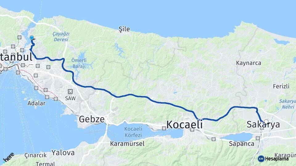 İstanbul Beykoz Adapazarı Sakarya Arası Kaç Km - Yol Haritası