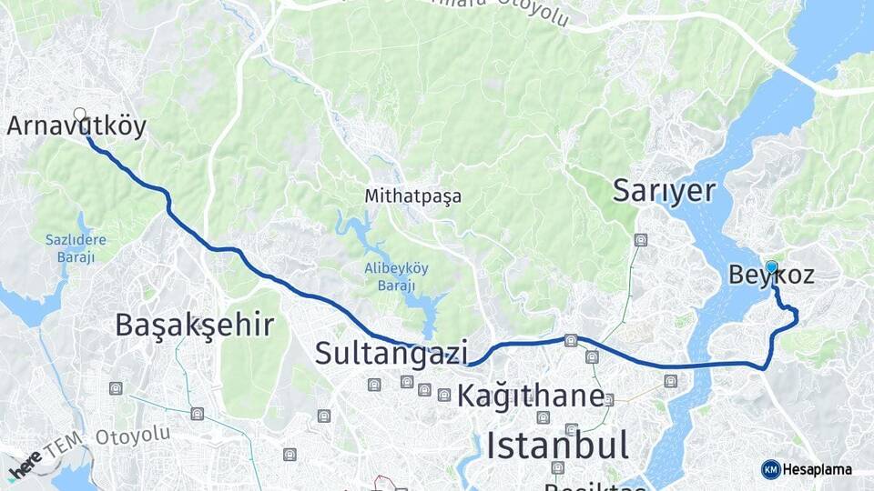 İstanbul Beykoz Arnavutköy Arası Kaç Km - Yol Haritası