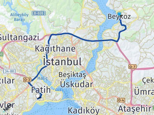 İstanbul Beykoz Cerrahpaşa Fatih Arası Kaç Km - Yol Haritası