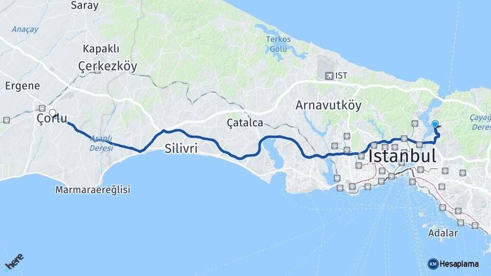 İstanbul Beykoz Çorlu Tekirdağ Arası Kaç Km - Yol Haritası