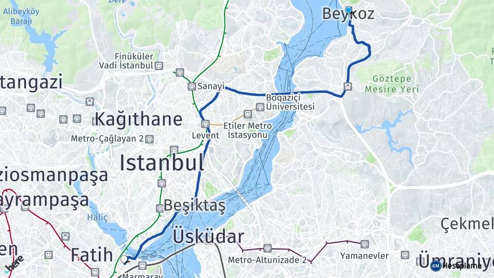 İstanbul Beykoz Eminönü Fatih Arası Kaç Km - Yol Haritası