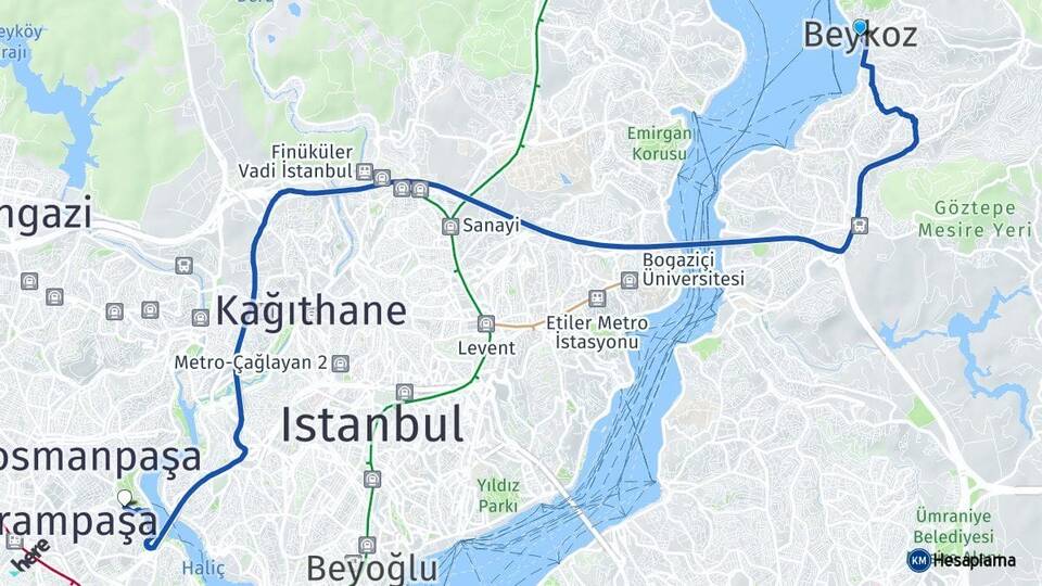 İstanbul Beykoz Eyüpsultan Arası Kaç Km - Yol Haritası