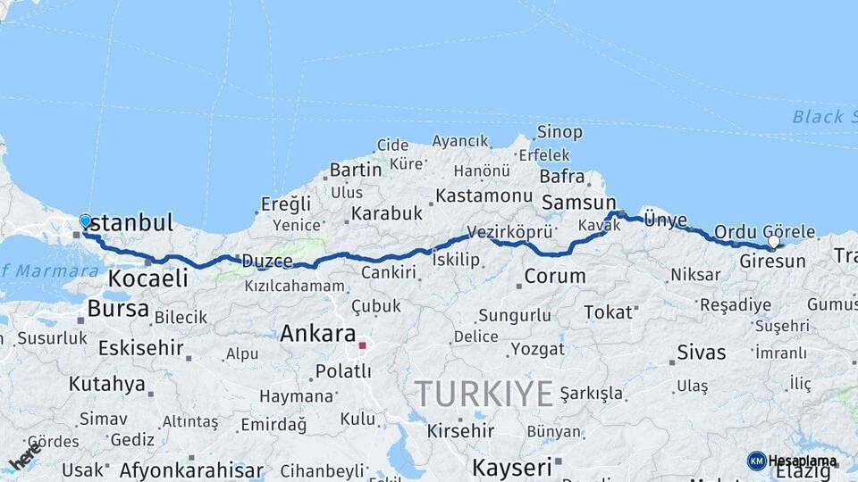 İstanbul Beykoz Giresun Arası Kaç Km - Yol Haritası
