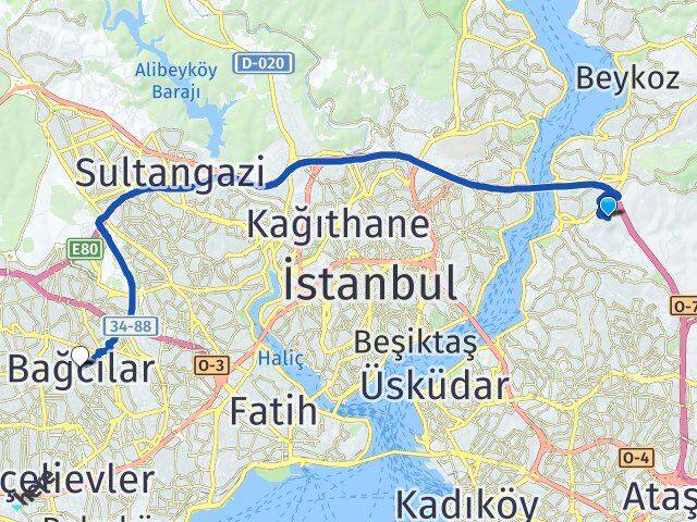 İstanbul Beykoz Göztepe Bağcılar Arası Kaç Km - Yol Haritası