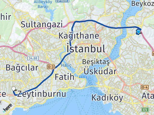 İstanbul Beykoz Göztepe Bahçelievler Arası Kaç Km - Yol Haritası