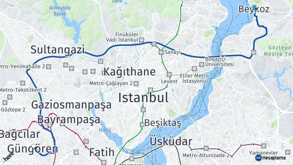 İstanbul Beykoz Güngören Arası Kaç Km - Yol Haritası