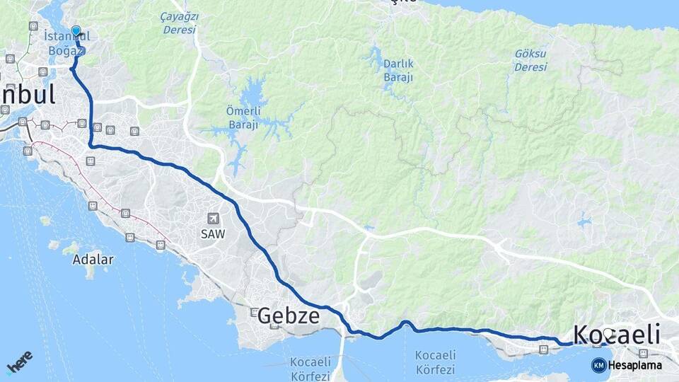 İstanbul Beykoz İzmit Kocaeli Arası Kaç Km - Yol Haritası