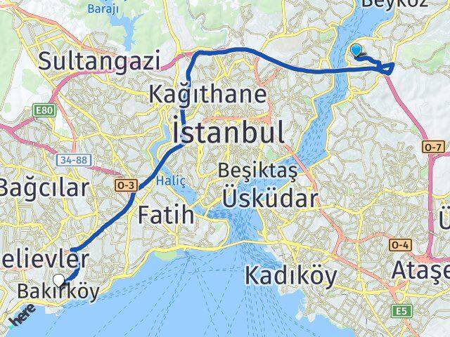 İstanbul Beykoz Kanlıca Bakırköy Arası Kaç Km - Yol Haritası