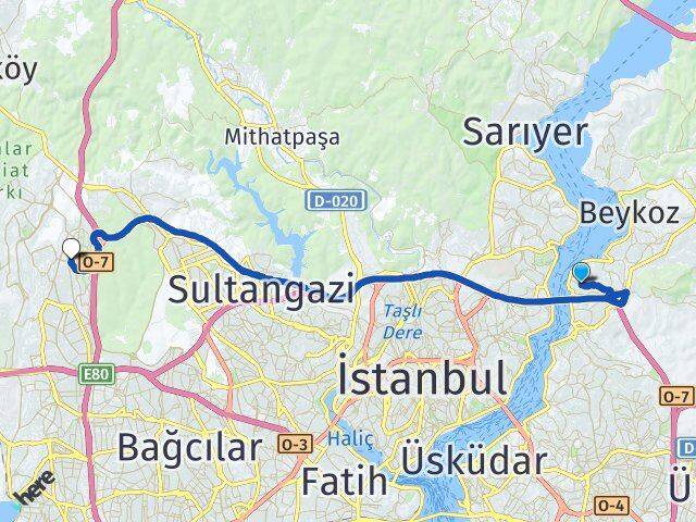 İstanbul Beykoz Kanlıca Başakşehir Arası Kaç Km - Yol Haritası