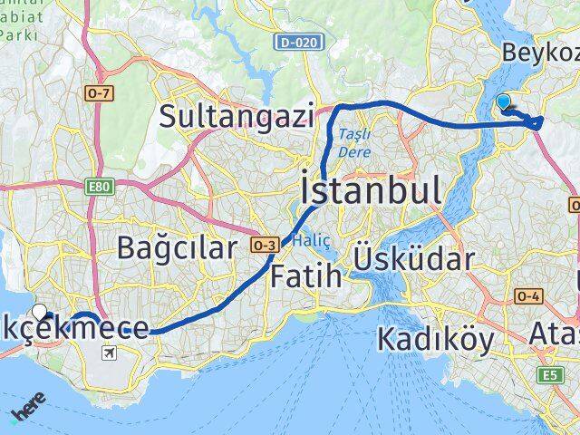 İstanbul Beykoz Kanlıca Küçükçekmece Arası Kaç Km - Yol Haritası