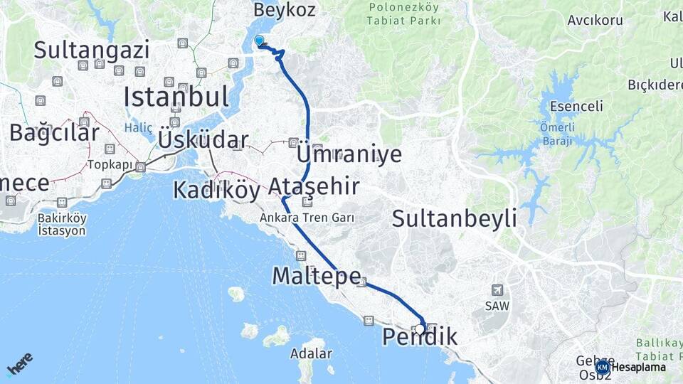 İstanbul Beykoz Kanlıca Pendik Arası Kaç Km - Yol Haritası