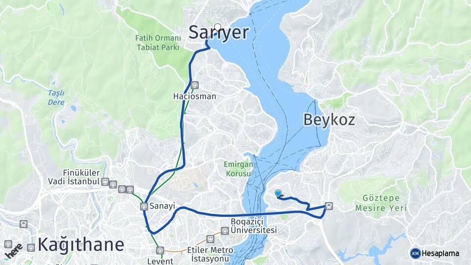 İstanbul Beykoz Kanlıca Sarıyer Arası Kaç Km - Yol Haritası