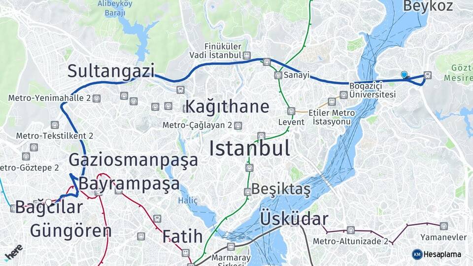 İstanbul Beykoz Kavacık Bağcılar Arası Kaç Km - Yol Haritası
