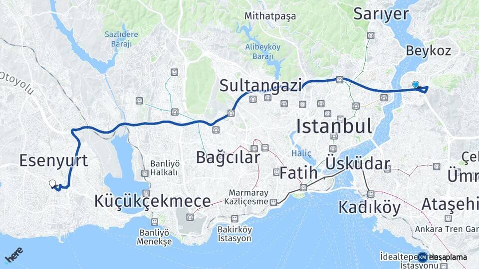 İstanbul Beykoz Kavacık Beylikdüzü Arası Kaç Km - Yol Haritası