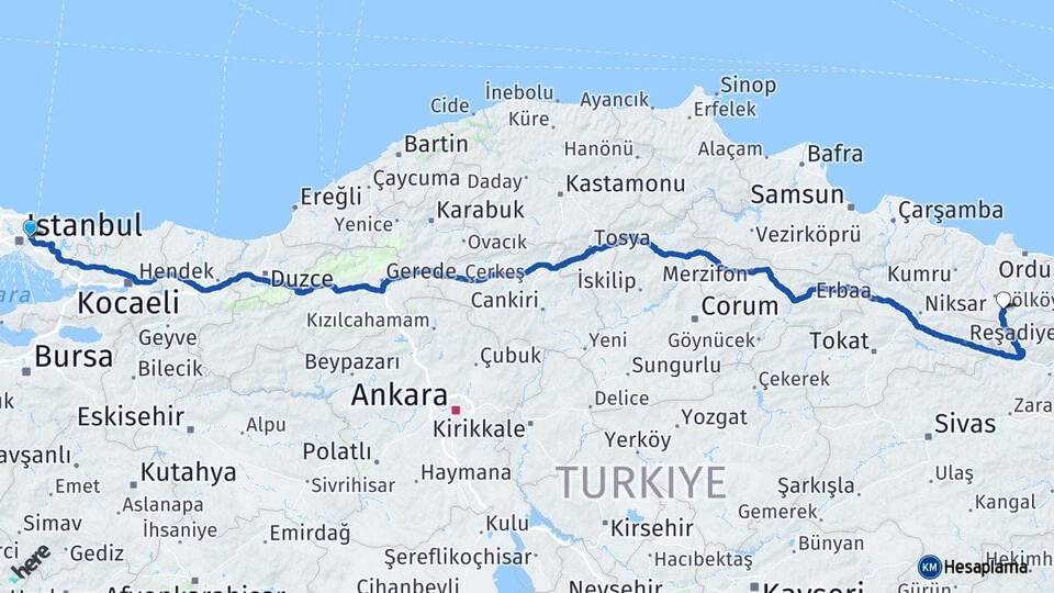 İstanbul Beykoz Kavacık Çukuralan Mesudiye Ordu Arası Kaç Km - Yol Haritası