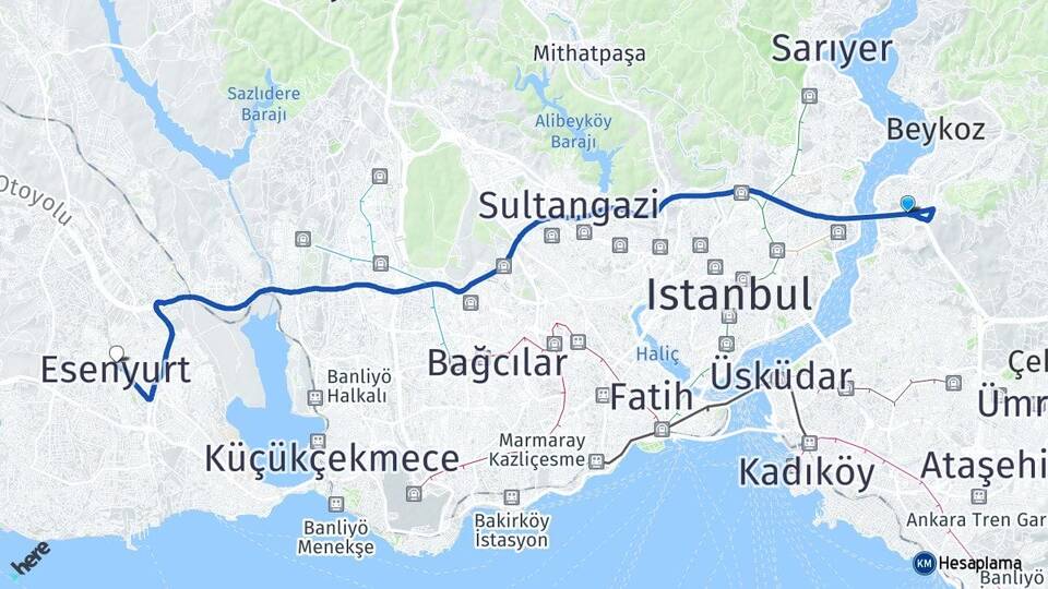 İstanbul Beykoz Kavacık Esenyurt Arası Kaç Km - Yol Haritası