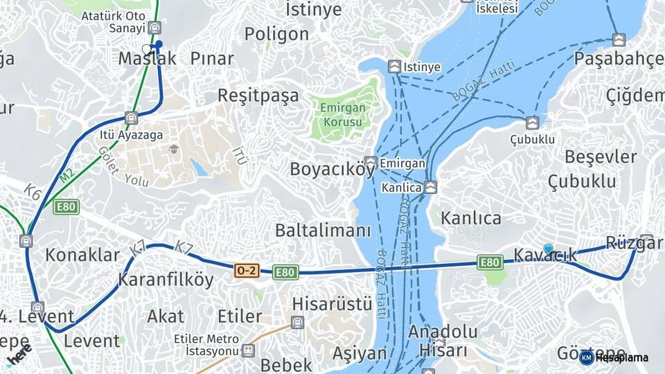 İstanbul Beykoz Kavacık Maslak Sarıyer Arası Kaç Km - Yol Haritası