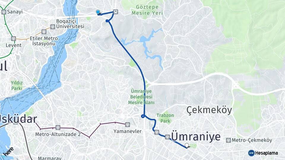 İstanbul Beykoz Kavacık Yukarı Dudullu Ümraniye Arası Kaç Km - Yol Haritası
