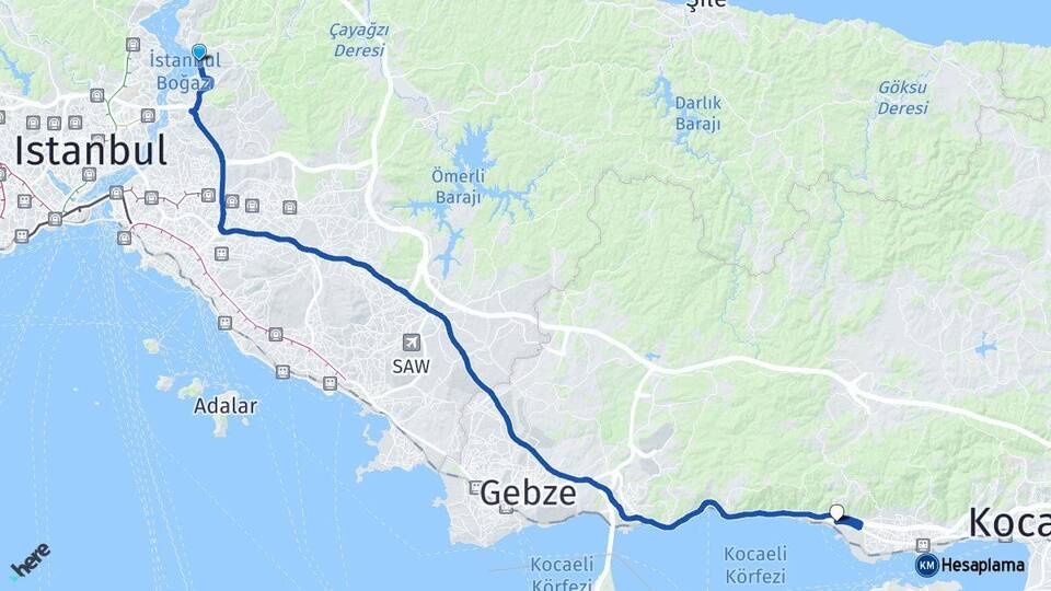 İstanbul Beykoz Körfez Kocaeli Arası Kaç Km - Yol Haritası