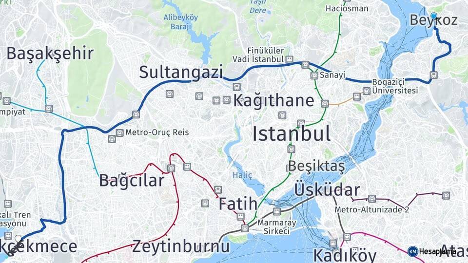 İstanbul Beykoz Küçükçekmece Arası Kaç Km - Yol Haritası